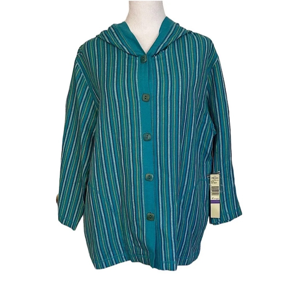 Mureli Women’s Hoodie Jacket Blue Seafoam Striped Linen Blend Size L NWT